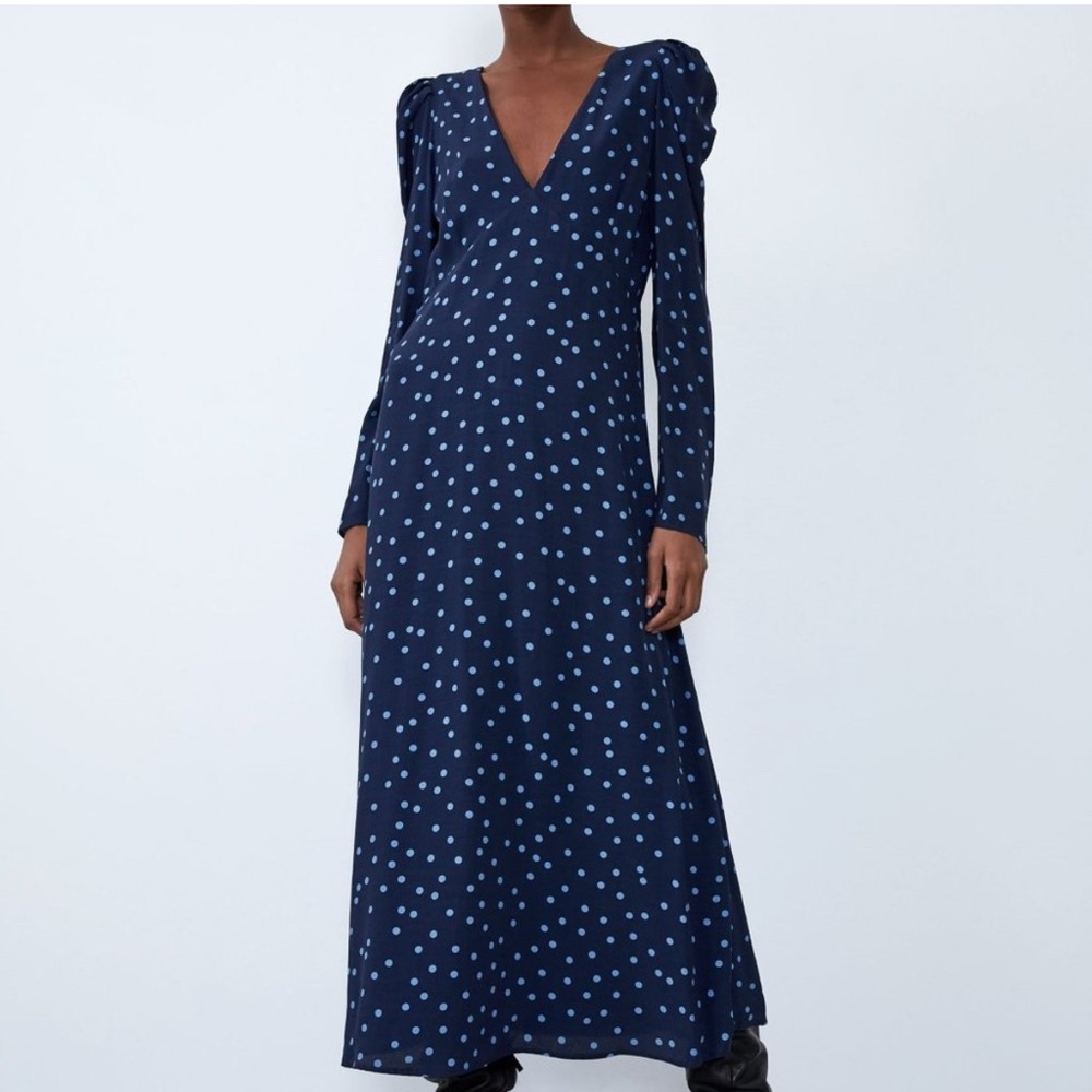 Zara Navy Polka Dot Dress
